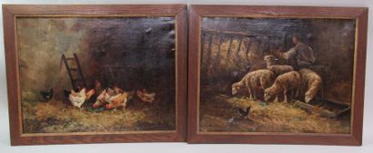null MARECHAL: "Moutons" et "poules" 2 HuileS sur toile signées. 48 x 65 cm 