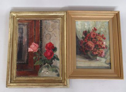 null Deux peintures : "Vase de roses " et "vase de fleurs" toiles 