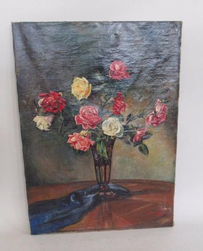 null H. KASRIEL : "Vase de roses" toile datée 1930 (accidents) 