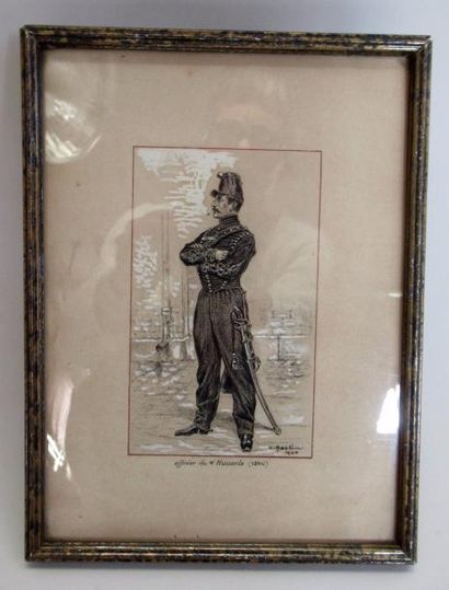 null C. BASTIN (XXe) "Officier du 4e Hussards (1840)" Dessin encadré au crayon, fusain...