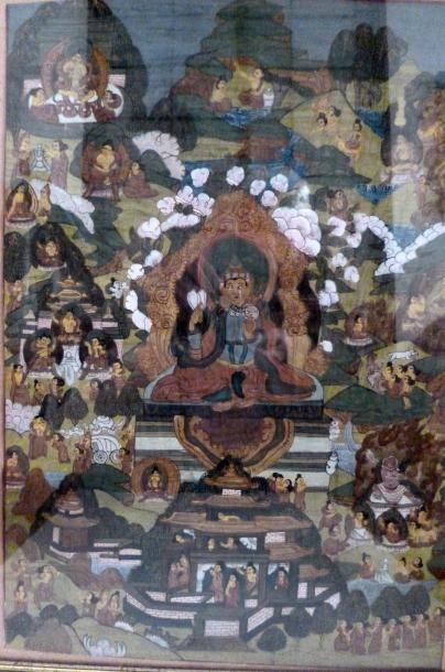 null TANKA - Détrempe sur toile, au centre Bouddha assis sur un trône faisant le...