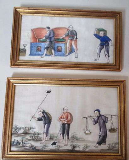 null Ecole chinoise XXe siècle : Scène de labour et de cuisine. Deux peintures sur...