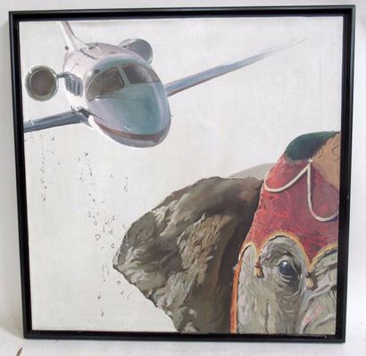 null Ecole russe moderne "Eléphant et avion surréalistes" Acrylique sur toile signée...