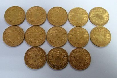 null 13 pièces de 20 Francs or Suisse 1927 Vendues sur désignation - Conservées au...