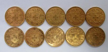 null 10 pièces de 20 Francs or Suisse (années diverses) Vendues sur désignation -...