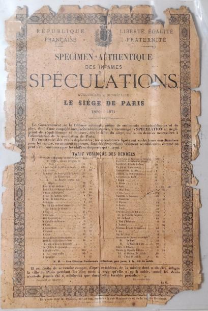 Affiche (Siège de Paris) spécimen authentique des Infâmes spéculations auxquelles...