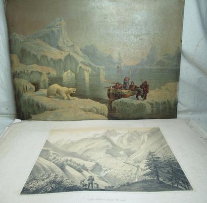 Lot d'estampes dont Chromolithographies figurant une "Chasse à l'ours polaire" n...