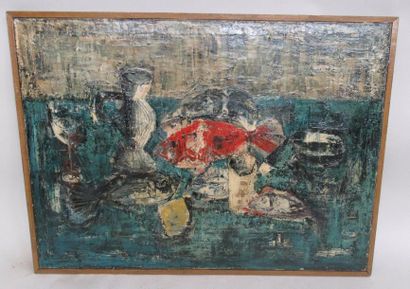 Philippe GRISEL (1930-1998) "Nature morte au poisson" Huile sur toile signée en bas...
