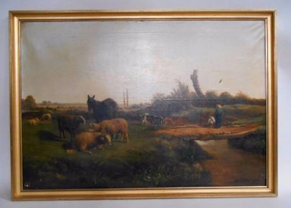 Paul GELIBERT : "Enfant avec moutons et chèvres" Huile sur Toile signée en bas à...