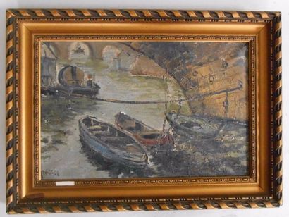 R. BESSE : "Barque sur la rivière" Huile sur Toile signée en bas à gauche - 27 x...