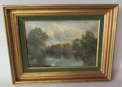 null F.A. ORTMANS Ecole de Barbizon (XIXe siècle) "Paysage à l'étang" Huile sur panneau...
