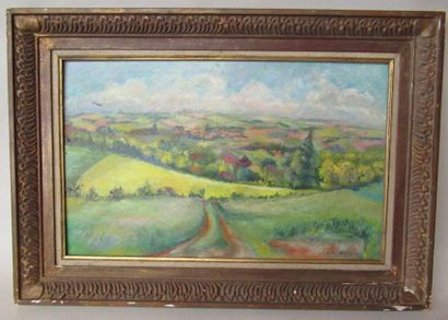 null " Paysage de campagne" Huile sur panneau signée en bas à droite - 38 x 61 cm...