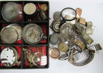 null Lot de pièces détachées pour horloger de montres dont bracelets, verres, rouages...