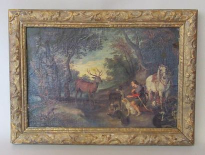 null Ecole française XIXe siècle "Le Cerf grâcié" Huile sur toile - 23,5 x 35 cm...
