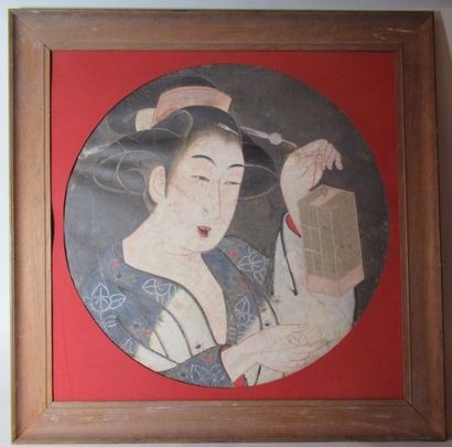 null Estampe japonaise de format rond "Geisha portant une petite cage" Japon - Diam...