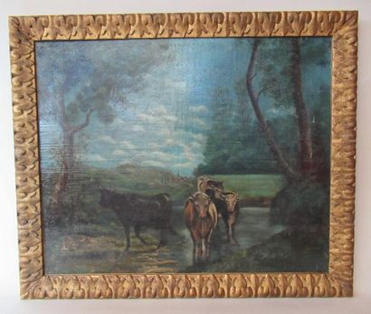 null Ecole française XIXe siècle "Vaches dans un pré" Huile sur toile signée en bas...