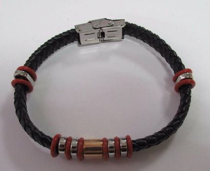 null Bracelet pour homme en cuir tressé rouge et métal argenté 