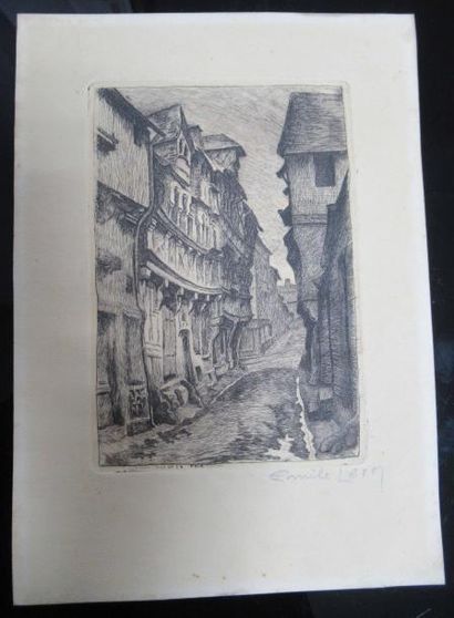 null "LISIEUX - Rue de la Paix" Vers 1890 - Eau-forte originale d'Emile LEROY - Impression...