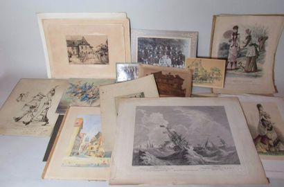 null Pochette comprenant un ensemble de gravures, vieux papiers, photographies militaires,...