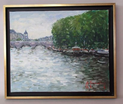 null Guy LEGENDRE (né en 1946) "Péniches en bord de Seine" Huile sur toile signée...
