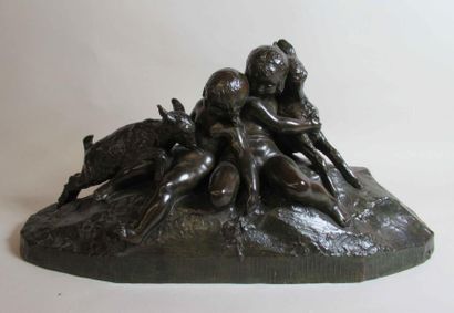 null Ary BITTER () "Deux enfants jouant avec des chevreaux" Epreuve en bronze à patine...