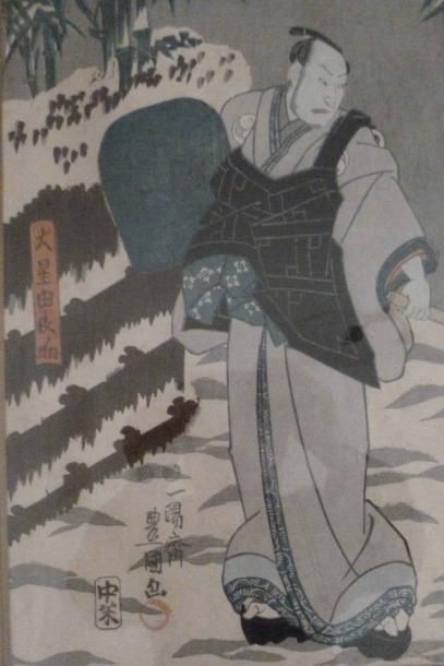 null Rare estampe OBAN TATE sous la neige, un samouraï en kimono près des bambous...