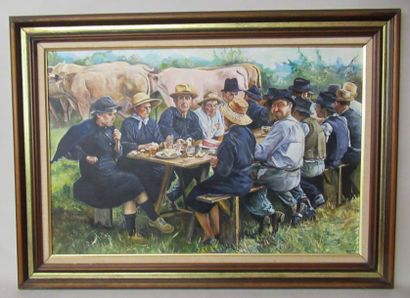 null ALLUCHON "Le repas des paysans" Huile sur toile signée en bas à droite 60 x...
