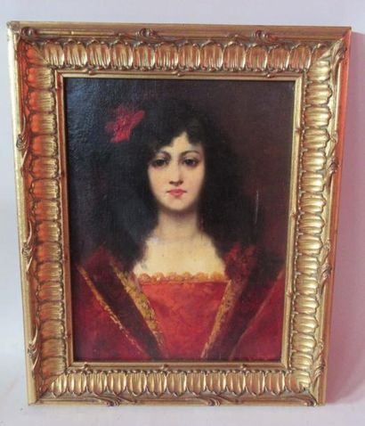 null PALLARES (XIXe-XXe) "Jeune femme à la robe rouge" Huile sur panneau signée en...