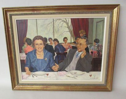 null H. RENAUD (XXe) "Portait de famille dans un dîner de gala" Huile sur toile marouflée...