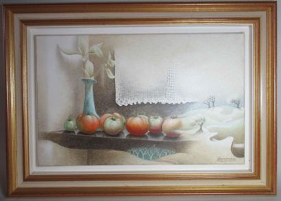 null Jean GARONNAIRE (né en 1945) "Nature morte aux tomates" Huile sur toile signée...