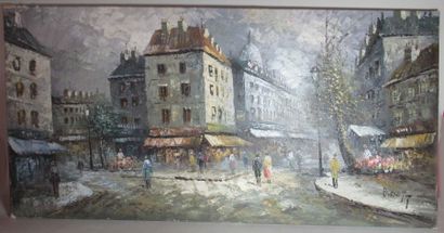 null BURNETT (XXe) "Vue du Vieux Paris - La Place du Tertre à Montmartre" Huile sur...