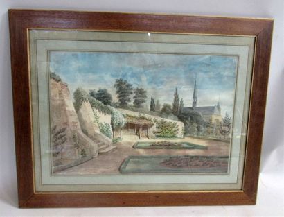 null Ecole française XIXe sièce "Le parc de l'abbaye" Dessin aquarellé et encadré,...