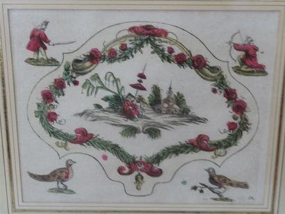 null Cinq gravures décor à la Bérain rehaussées - Epoque XVIIIe siècle 