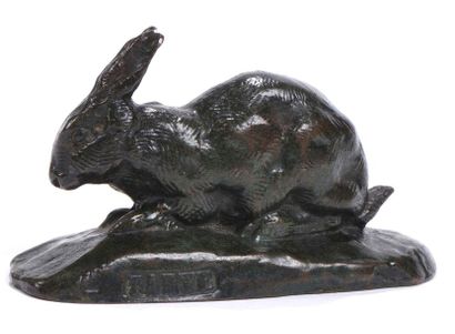 null Antoine Louis BARYE (1796-1875) "Lièvre, oreilles dressées" Bronze à patine...