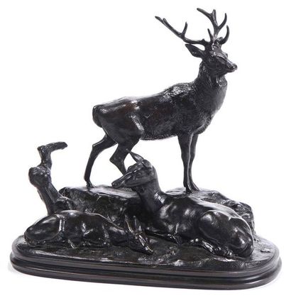null Antoine Louis BARYE (1796-1875) "Famille de cerf" Bronze à patine brun nuancé,...
