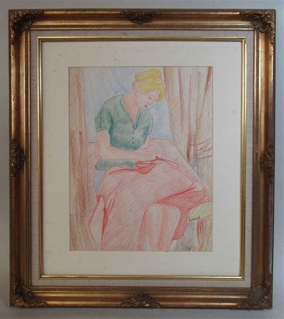 null Maurice LEONARD(1899-1971)"La Couturière" dessin au crayon de couleurs signée...