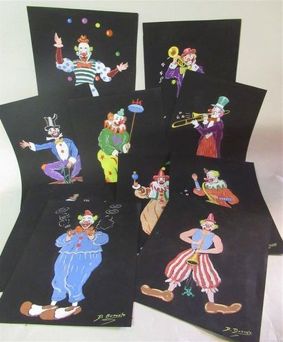 null D. BORNEA (XXe) "Les Clowns" Série de douze dessins et gouaches sur papier noir...