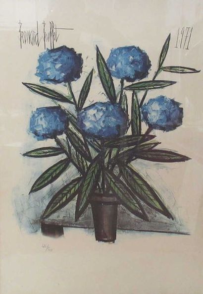 null Bernard BUFFET (d'après) "Vase d'Hortensias bleus" Lithographie en couleur (encadrée)...
