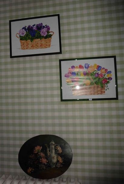 null L. BIANCA "Verseuse et fleurs" Peinture sur panneau d'acajou signé en bas à...