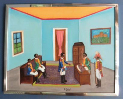 null Ensemble de cinq toiles décoratives naïves Haïti dont : D.J. CADOT, BYRON, YVES...