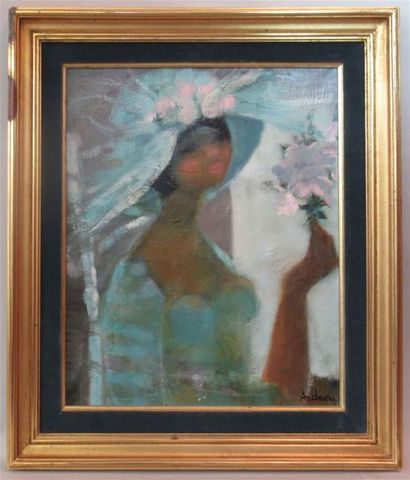 null ANDRIEU (XXe) : "Jeune femme au chapeau rose" Huile sur toile signée en bas...