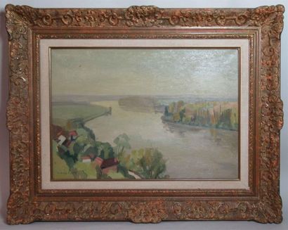 null A. LE PETIT (XXe) "Paysage en bord de Seine" Huile sur toile signée en bas à...