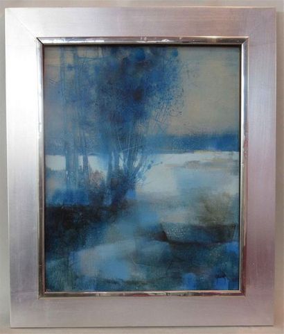 null Daniel GELIS (1942) : "Bord d'étang bleu" Huile sur toile signée en bas à droite...