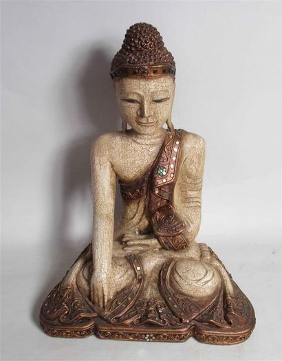 null "Bouddha" Sujet en bois patiné légèrement craquelé à décor incrusté Sri Lanka,...