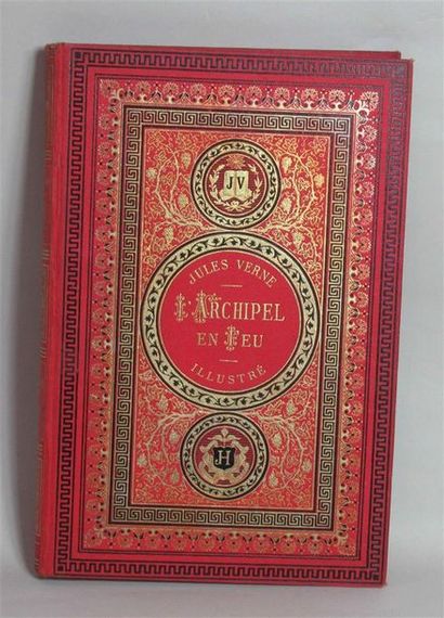 null Jules VERNE "L'Archipel en Feu" 1 volume relié cartonnage rouge doré aux petits...