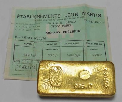 null Lingot d'or N°430.909 avec son bulletin d'essai des Etablissements Léon Martin...