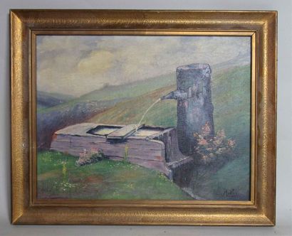 null E. MULLER (XXe) "Fontaine à la montagne" Huile sur toile signée en bas à droite...