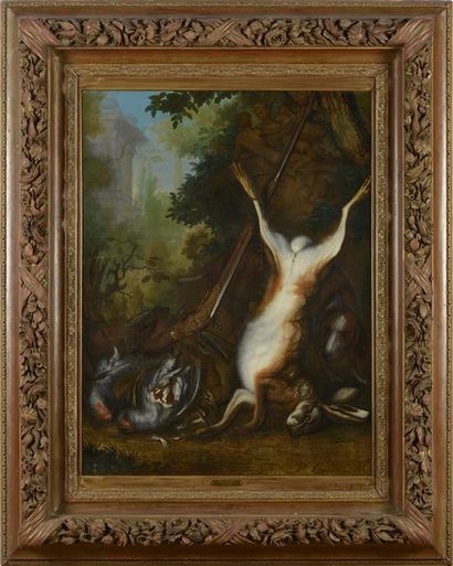 null Isaak OUWATER (1750-1793) "Trophée du chasseur surveillé par un chien" Huile...