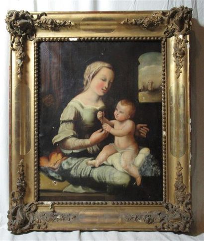 null Ecole italienne du XIXe siècle "Vierge à l'Enfant" Huile sur toile - 68 x 53...