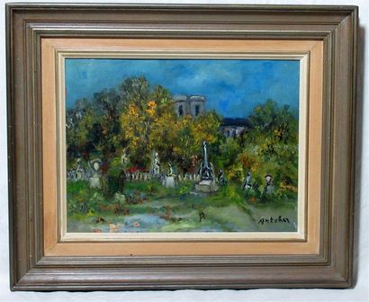 null ISAAC ANTCHER (1899-1992) "Parc sur fond de Notre Dame de Paris" Huile sur panneau...